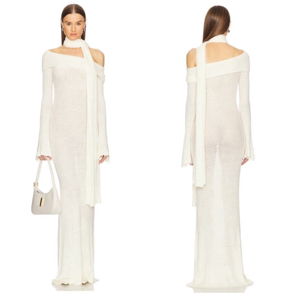 AYA MUSE Ursa Off the Shoulder Long Sleeve Knit White Maxi Dress with Scarf Sz L
